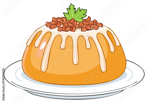 Golden Sponge Cake with Creamy Drizzle and Nutty Crumble Topping Resting on a White Plate