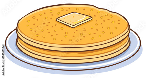 Illustrated stack of golden fluffy pancakes topped with a pat of butter on a plate