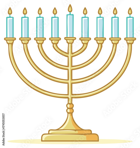 Cartoon illustration of a golden menorah with lit candles