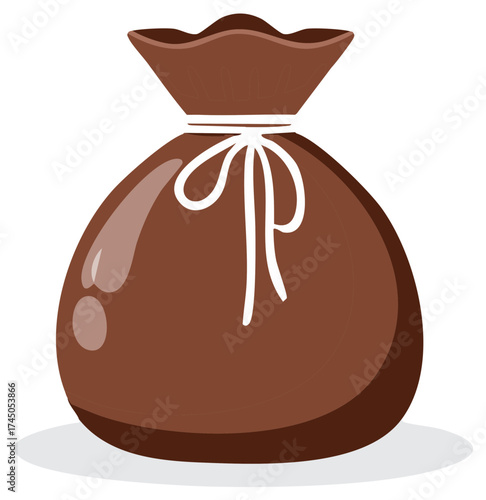 Illustrated brown money sack tightly tied with a white string bow, symbolizing wealth and savings
