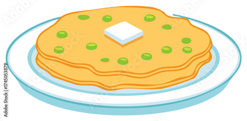 Pancake Stack with Butter and Green Toppings on Plate Breakfast Treat