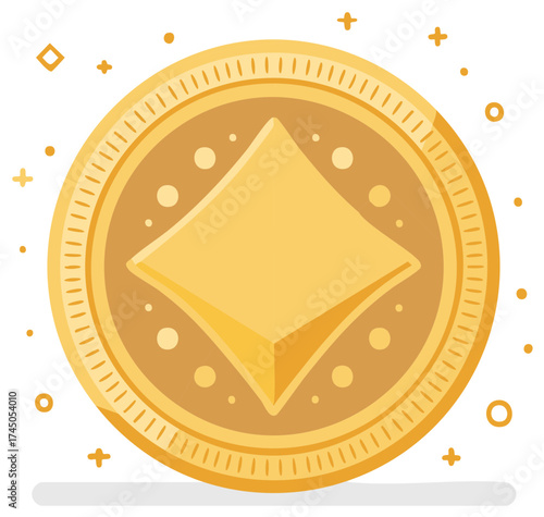 Gold Coin with Diamond Shape Center amidst Star and Circle Graphics in an illustration
