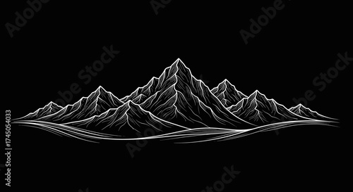 Majestic Mountain Range Silhouette on Black Background.