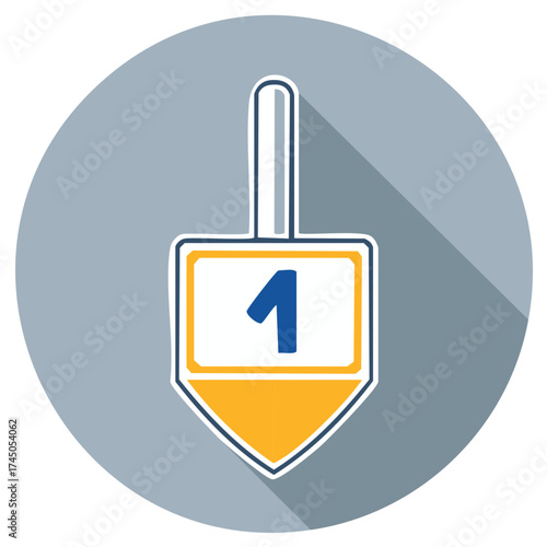 Vibrant illustrated dreidel icon with a number one on a grey circle background