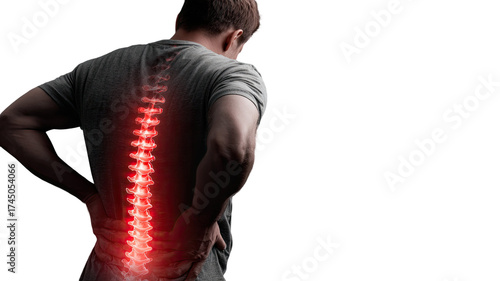 Middle aged man suffering from lower back pain standing and holding waist in discomfort isolated on white background