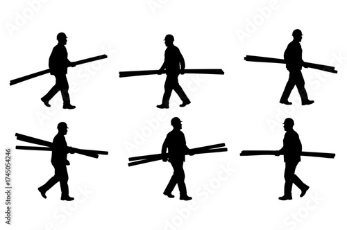 Silhouette Set of Construction Workers Carrying Wooden Planks on White Background