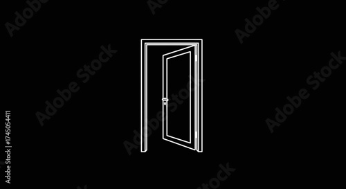 Minimalist White Outline of an Open Door on a Black Background.