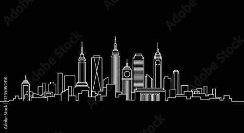 Minimalist White Skyline Silhouette on Black Background.