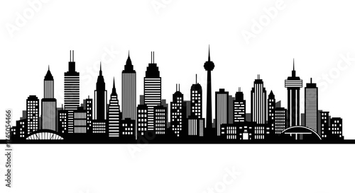 Modern City Skyline Silhouette Black and White Illustration.