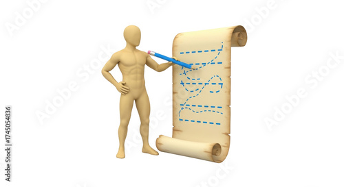 Fotografie Isolated 3D humanlike figure pointing to map of wavy line on scroll, planning fu