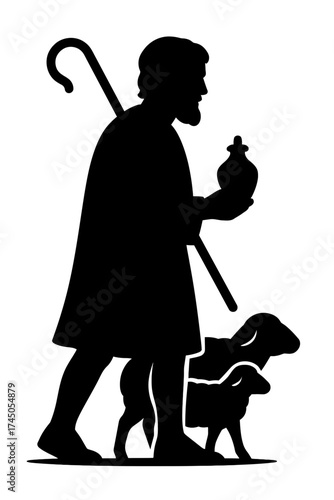 Shepherd silhouette with crook and lambs carrying gift, black on white
