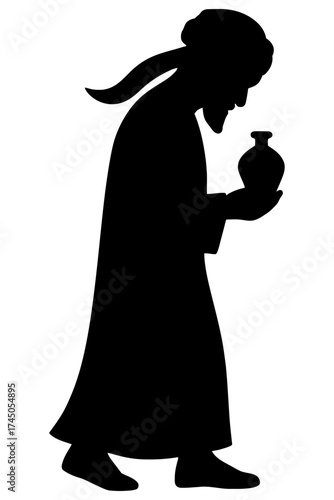 Wise man Magi silhouette with turban holding gift jar, profile, black on white