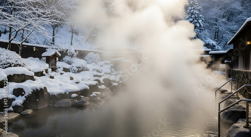 Steaming outdoor onsen in winter with snow covered rocks and trees in a serene scene