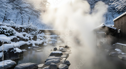 Snowy onsen scene with rising steam in a tranquil winter landscape in Japan day