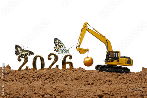 Concept happy new year 2026, crawler excavator  with lift up bucket and butterfly.on  isolated white backgrounds