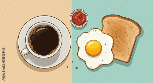 vector illustration of a cup of black coffee, toasted bread, a sunny-side-up fried egg, and a small portion of tomato sauce
