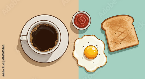 vector illustration of a cup of black coffee, toasted bread, a sunny-side-up fried egg, and a small portion of tomato sauce