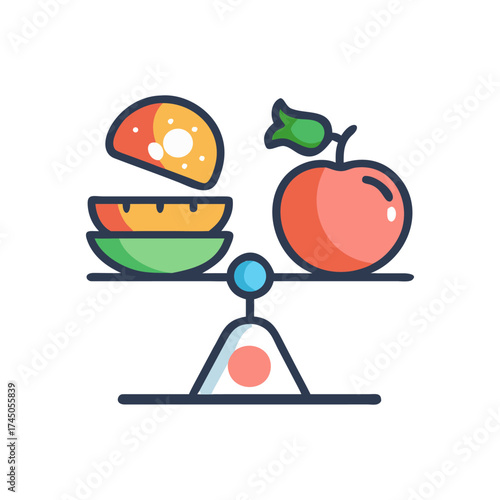 Healthy food choices balance scale with fruits and vegetables