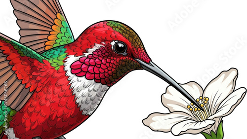 Vibrant hummingbird feeding on a white flower (8)