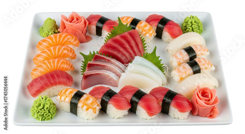 Obraz na płótnie Isolated delicious assorted sushi and sashimi platter with ginger and wasabi con