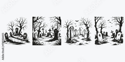 graveyard creepy sketch illustration vector set