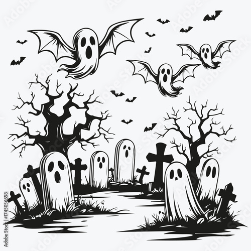 graveyard with ghosts sketch illustration vector