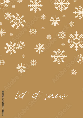 Snowflakes pattern, festive greeting card. Winter holiday poster design with falling snow flakes decoration, seasonal lettering phrase, quote, typography postcard. Flat vector illustration