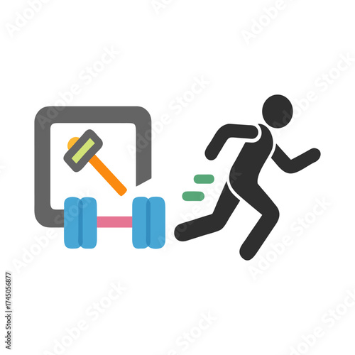 Fitness concept person running away from gym equipment and hammer