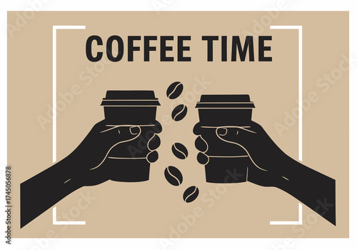 Vector graphic depicting two hands holding takeaway coffee cups, symbolizing a shared moment, an energizing break, or a cheerful toast with a warm beverage