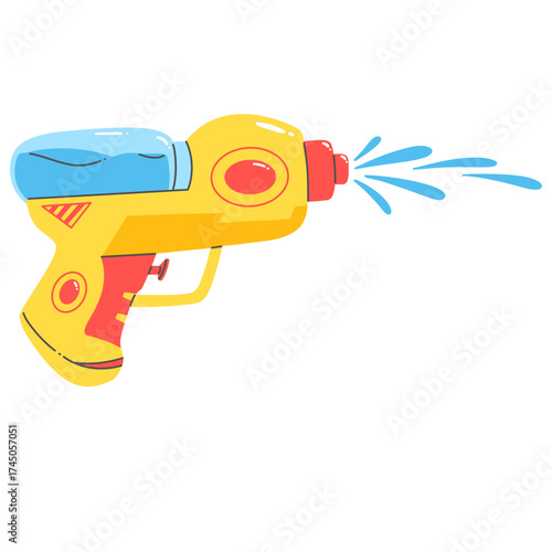 Yellow and red water gun shooting water for playing in water pool in summer 