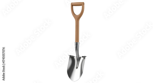 Isolated new garden spade with wood handle and metal blade for digging and planting work