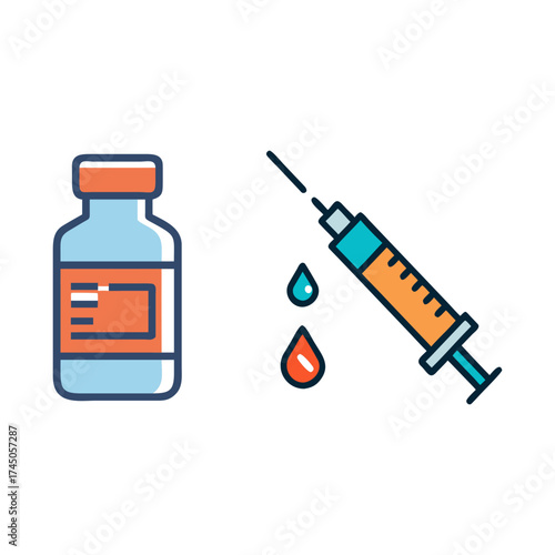 Medical syringe and vial with drops of liquid for vaccination or injection