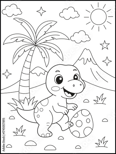 Adorable Baby Dinosaur Coloring Page for Kids with Volcano, Palm Tree, and Dinosaur Egg. Fun Prehistoric Cartoon Line Art for Children to Color and Learn