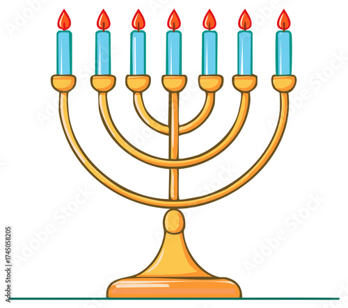 Illuminated menorah candelabra with burning candles, a Jewish holiday symbol