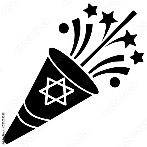 Party popper with stars, circles and Star of David, vector illustration.