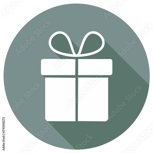 Gift box icon in a circle with long shadow, flat design for holiday and celebration
