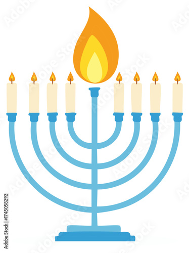 Cartoon Menorah Hanukkah Illustration with Candles and Flame on White