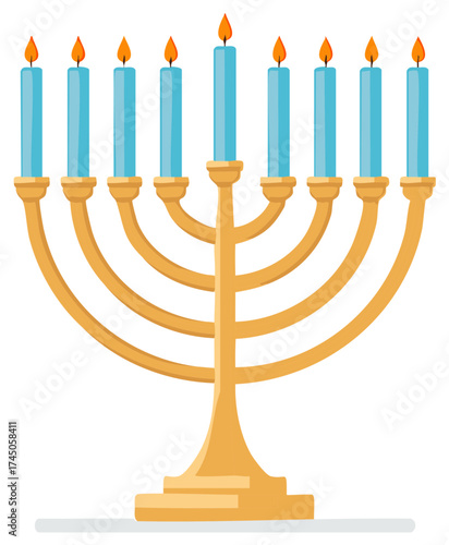 Illustration of a golden menorah with lit blue candles for holiday celebrations