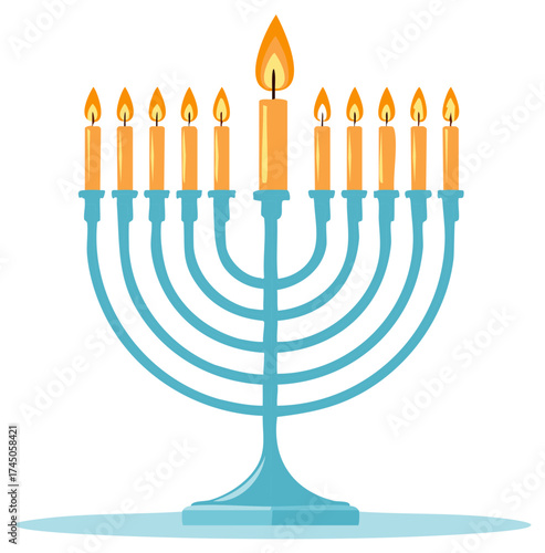 Vibrant blue menorah illustration with nine lit orange candles symbolizing the Hanukkah holiday
