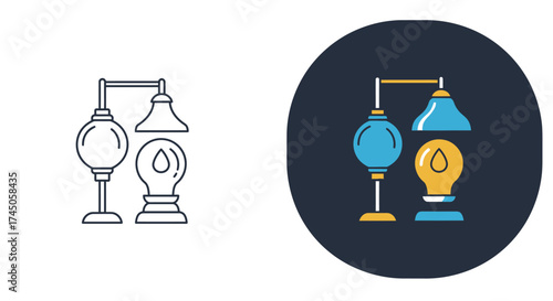 Chemistry and Laboratory Equipment Icons: Distillation Flask and Droplet Bulb Design