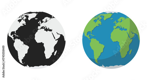 Two Earth Globes: Black and White and Colorful Planet Map Illustration