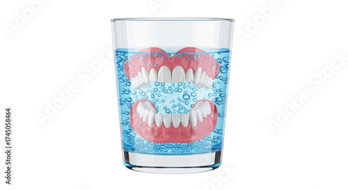 Isolated dentures in a glass of blue water for cleaning and dental hygiene purposes