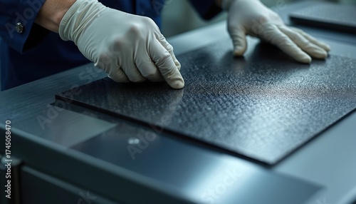 Person with white gloves carefully examines dark composite panel. Technician checks surface quality, texture of carbon fiber material in clean lab. Worker handles advanced tech plate for aerospace