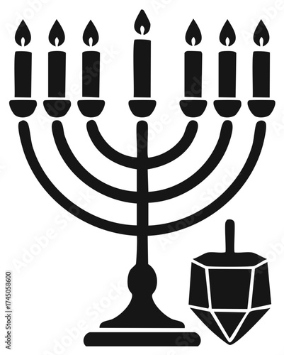 Black and white illustration of a menorah with lit candles and a dreidel symbol