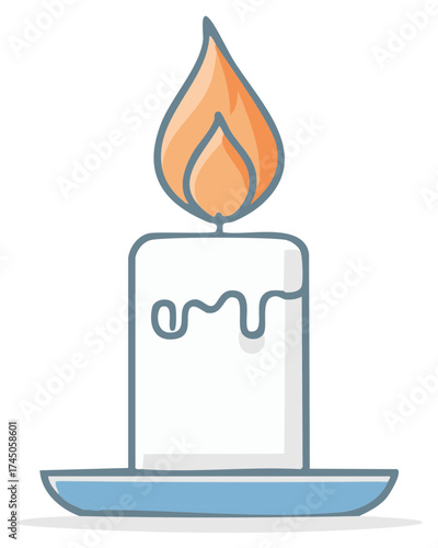 Burning Candle with Wax Drips on Blue Saucer Light Blue Outline Simple Icon