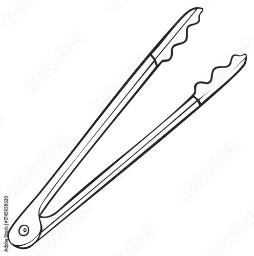 Monochrome vector art of open kitchen tongs, essential utensil for cooking, grilling, and serving.
