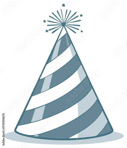 Striking blue and white striped party hat with sparkling firework topper