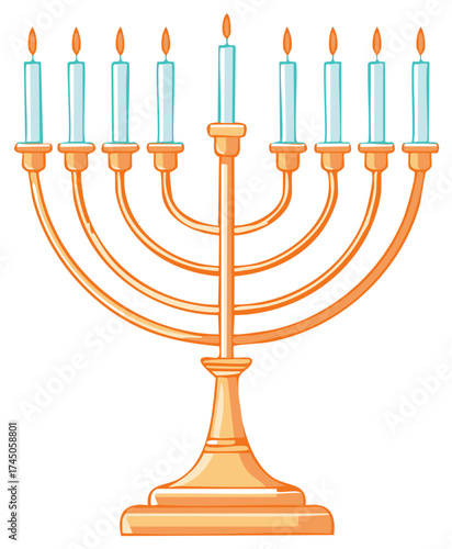 Illustration of a Menorah with eight lit blue candles and one central candle unlit