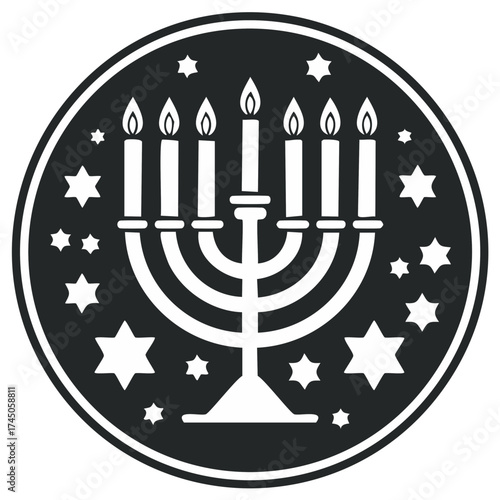Hanukkah menorah icon with candles and stars in a black circle