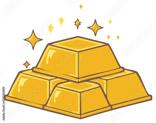 Gold Bars Stacked in a Pile Cartoon Treasure with Sparkling Stars